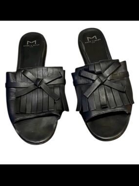 Marc Fisher Whitley Black Leather Woman’s Fringe Bow Slide Slip On Sandals 8.5